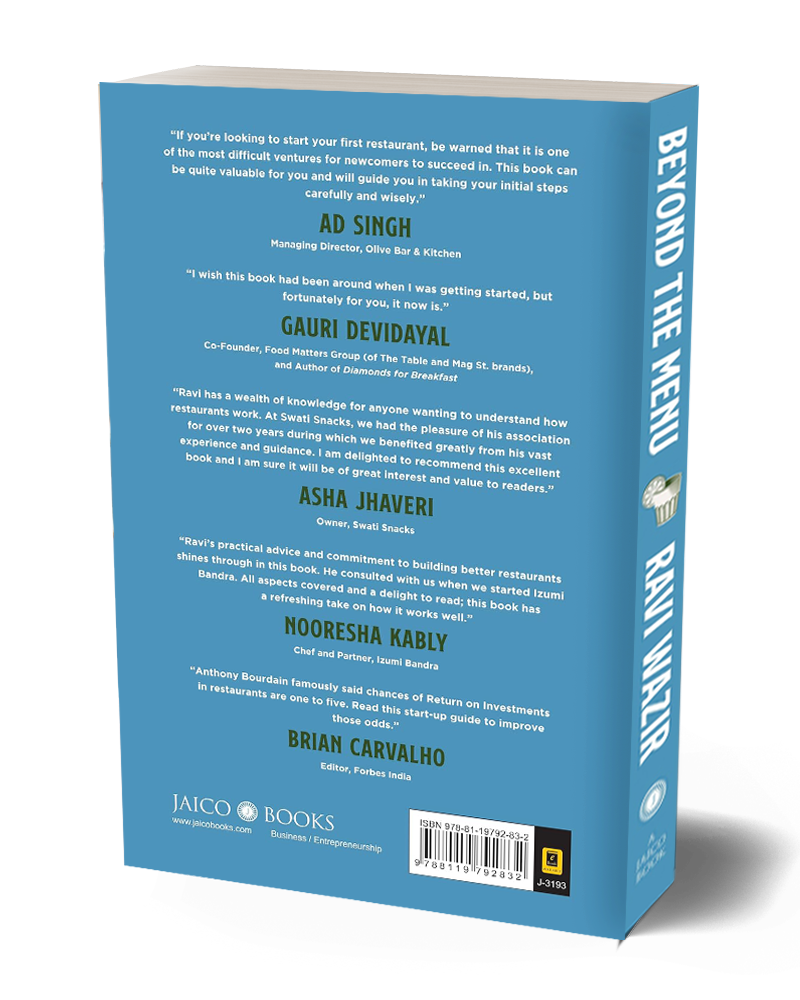Back Cover of Beyond the Menu a Restaurant Start-up Book by Ravi Wazir, published by Jaico